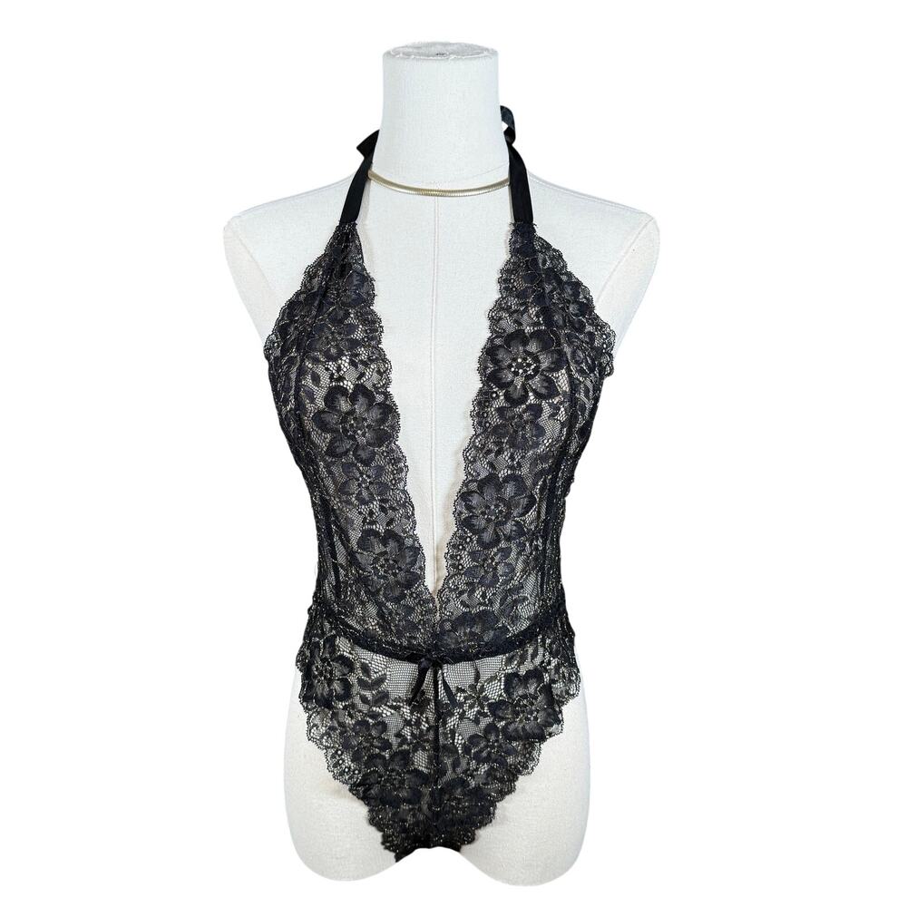 Black Lace Teddy Bodysuit Gold Accent Floral Halter Ribbon Tie Lingerie Medium